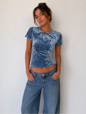 Free People Crushed Velvet Baby Tee in Medium Blue